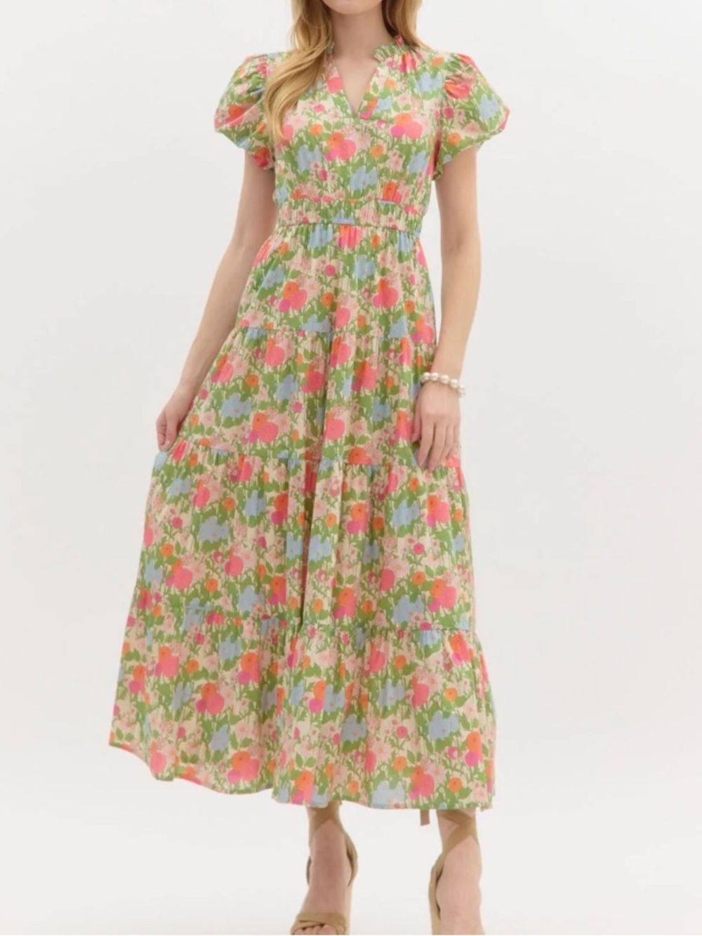 entro Floral Maxi Dress in Pink, Green & Blue